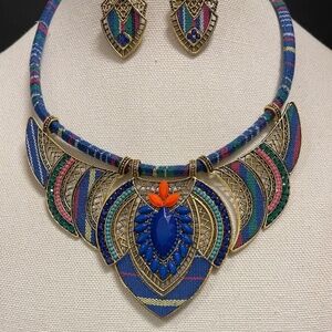 Gold Tone Blue Boho Jewelry Necklace Pierced Dangle Earrings New